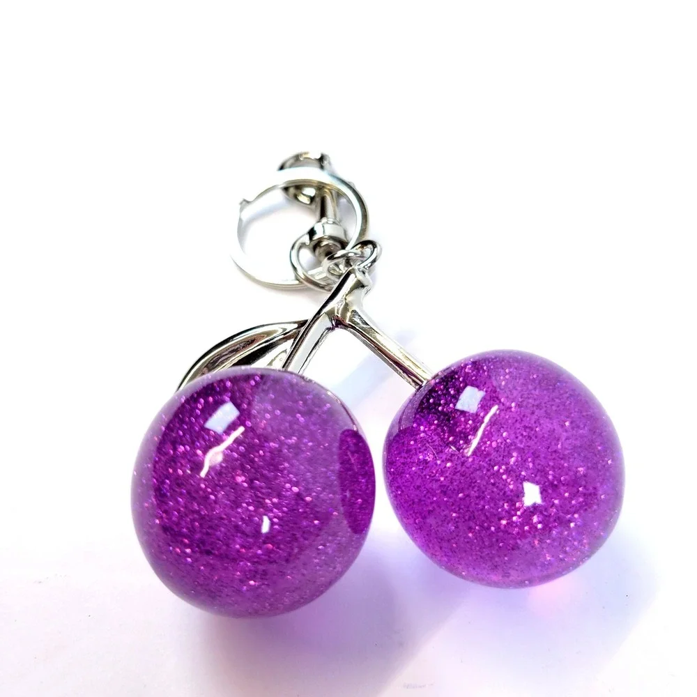 Bag Charm Cherry Keychain Glitter Resin Purple Womens Gypsy Fairycore Whimsical